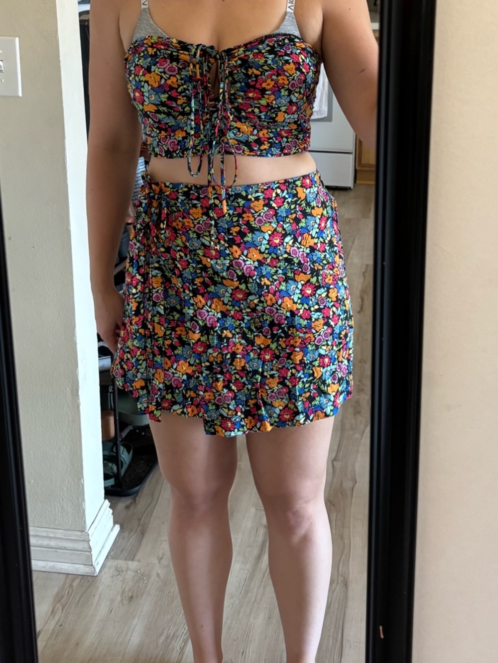 Floral Two-Piece Tube Top and Skirt Set - Black Base with Bright Floral Print - Picture 2 of 3
